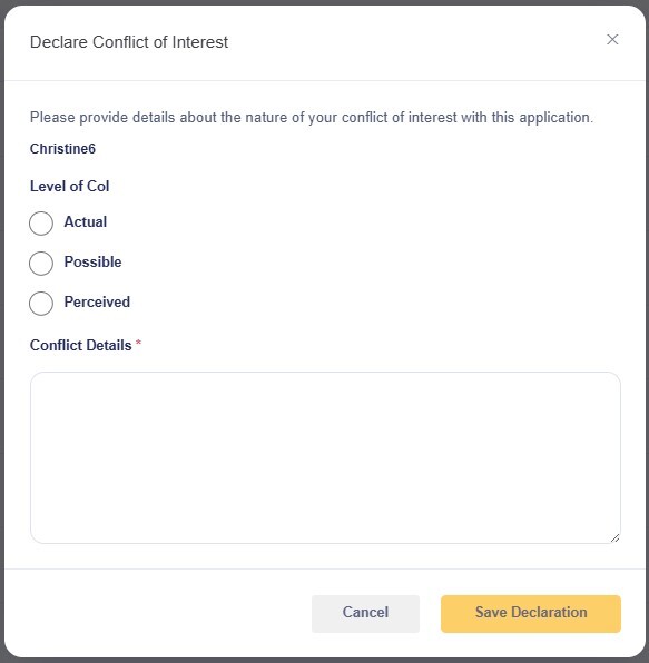 External Assessor Declare conflict of interest