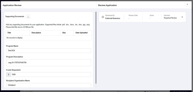 External Assessor Review application window