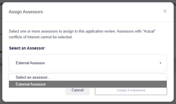 External Assessor assign Assessors window