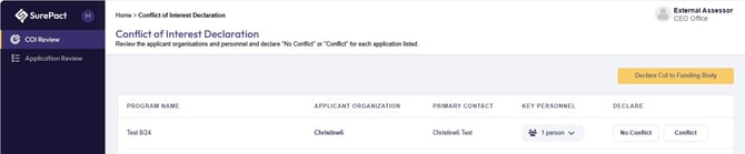 External Assessor COI Review screen